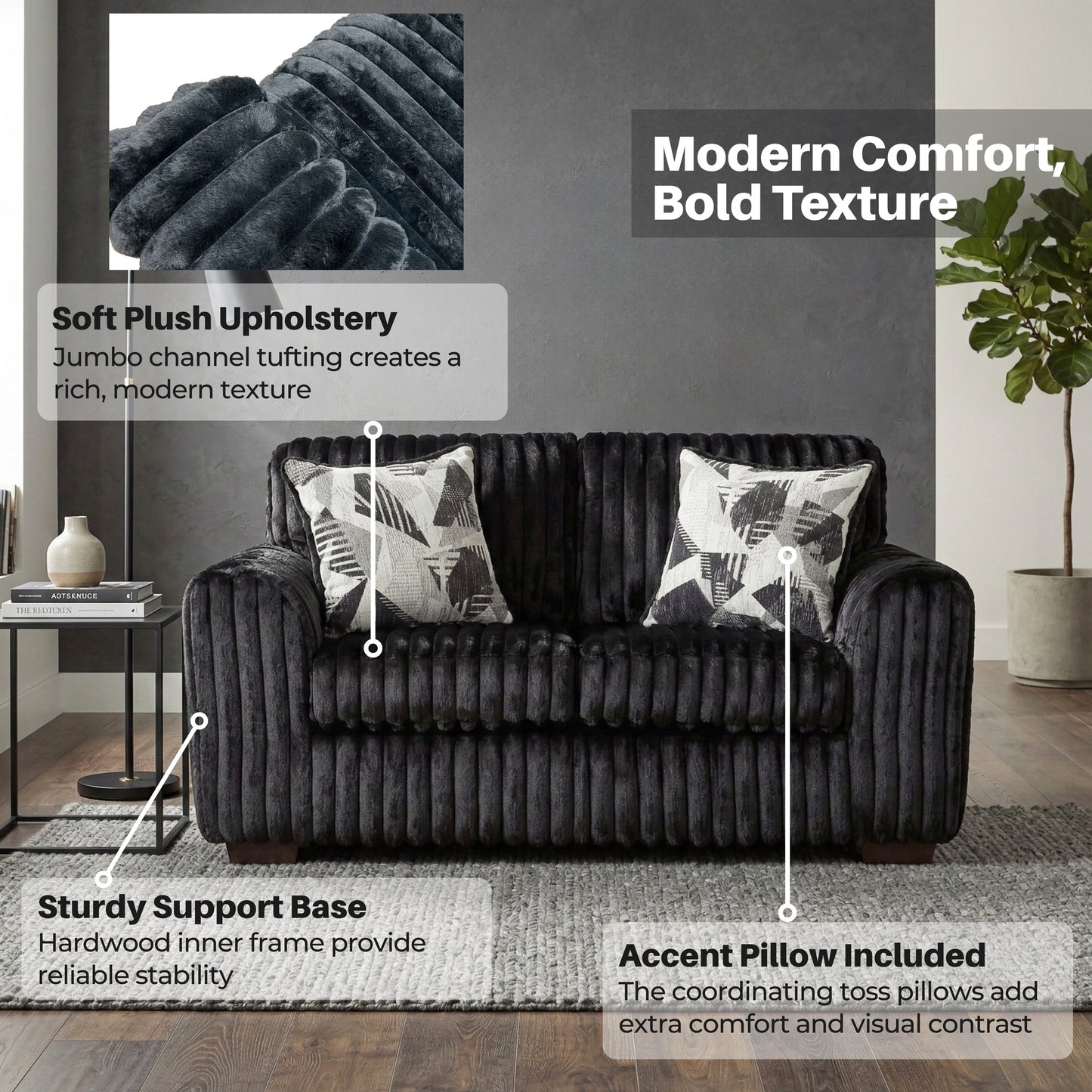 Roundhill Furniture Nolan Living Room Collection, Sofa Loveseat Chair and Ottoman, Lush Black