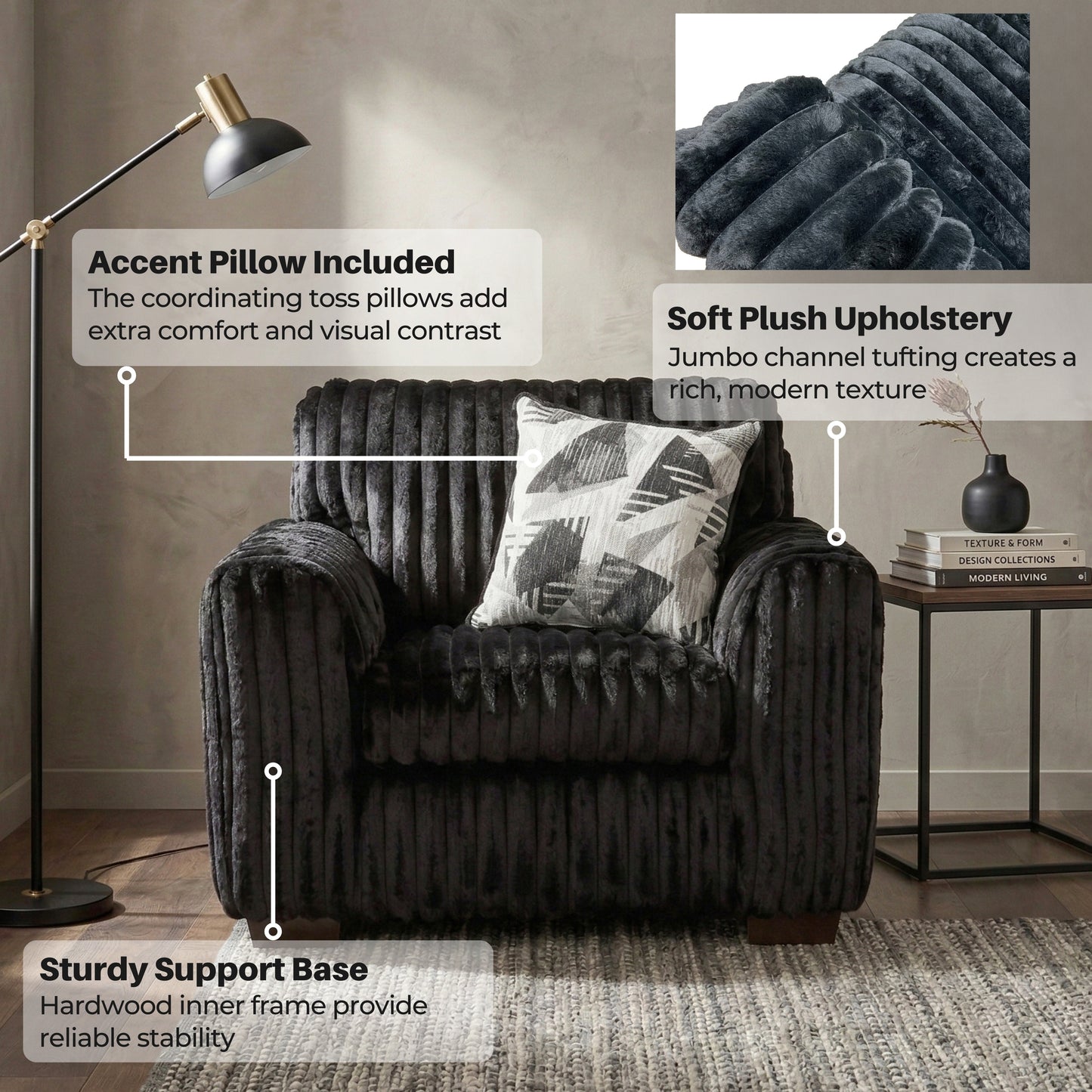 Roundhill Furniture Nolan Living Room Collection, Sofa Loveseat Chair and Ottoman, Lush Black