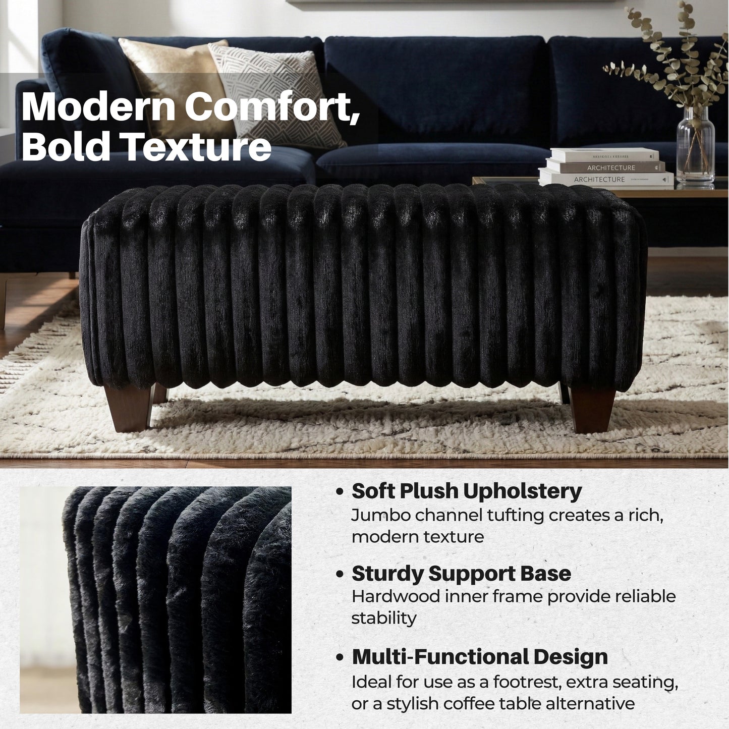 Roundhill Furniture Nolan Living Room Collection, Sofa Loveseat Chair and Ottoman, Lush Black