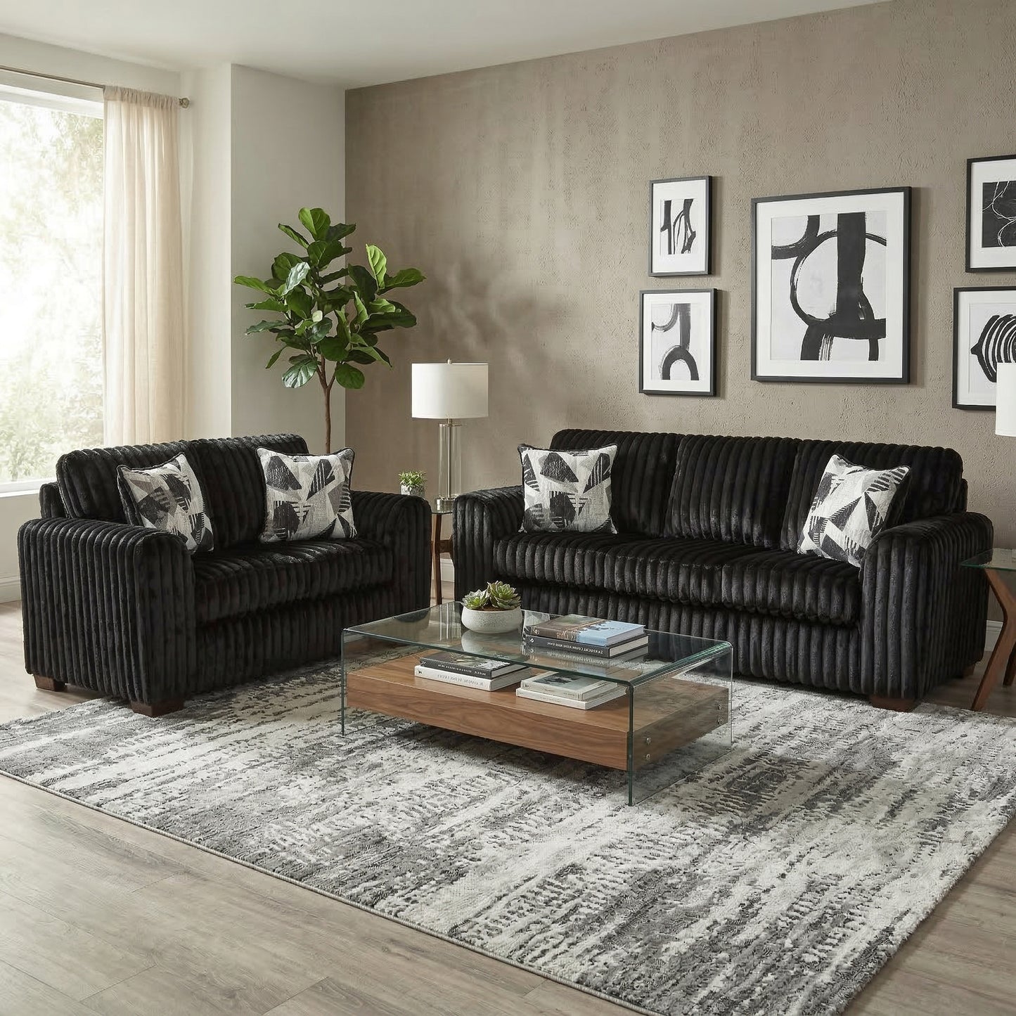 Roundhill Furniture Nolan Living Room Collection, Sofa Loveseat Chair and Ottoman, Lush Black