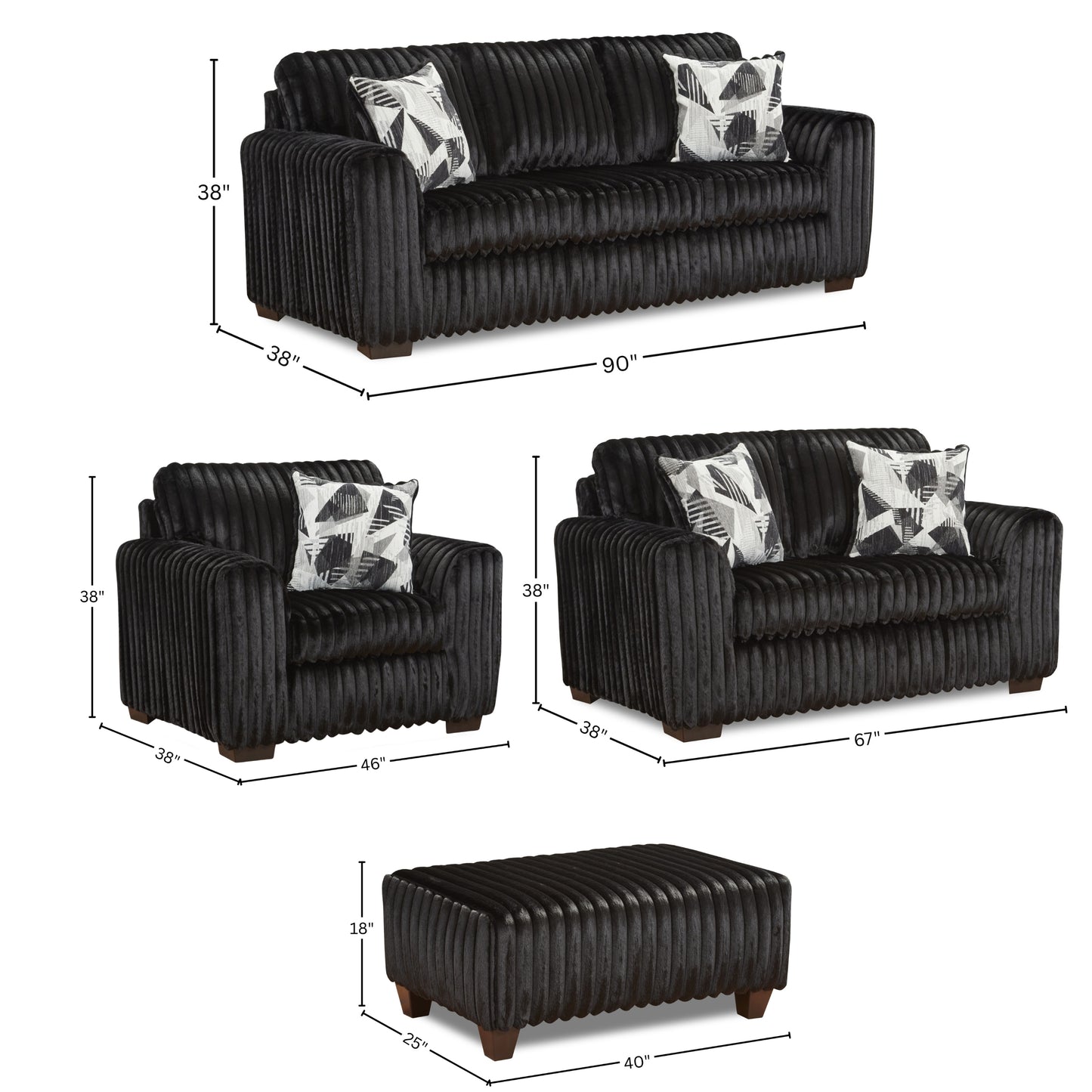 Roundhill Furniture Nolan Living Room Collection, Sofa Loveseat Chair and Ottoman, Lush Black