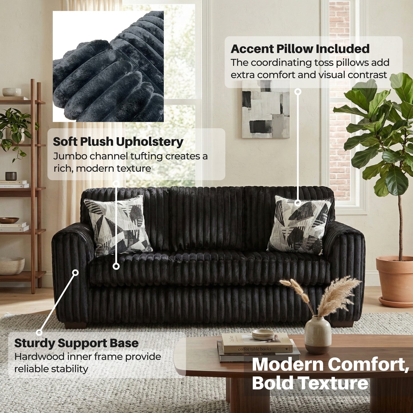 Roundhill Furniture Nolan Contemporary Upholstered Sofa, Lush Black