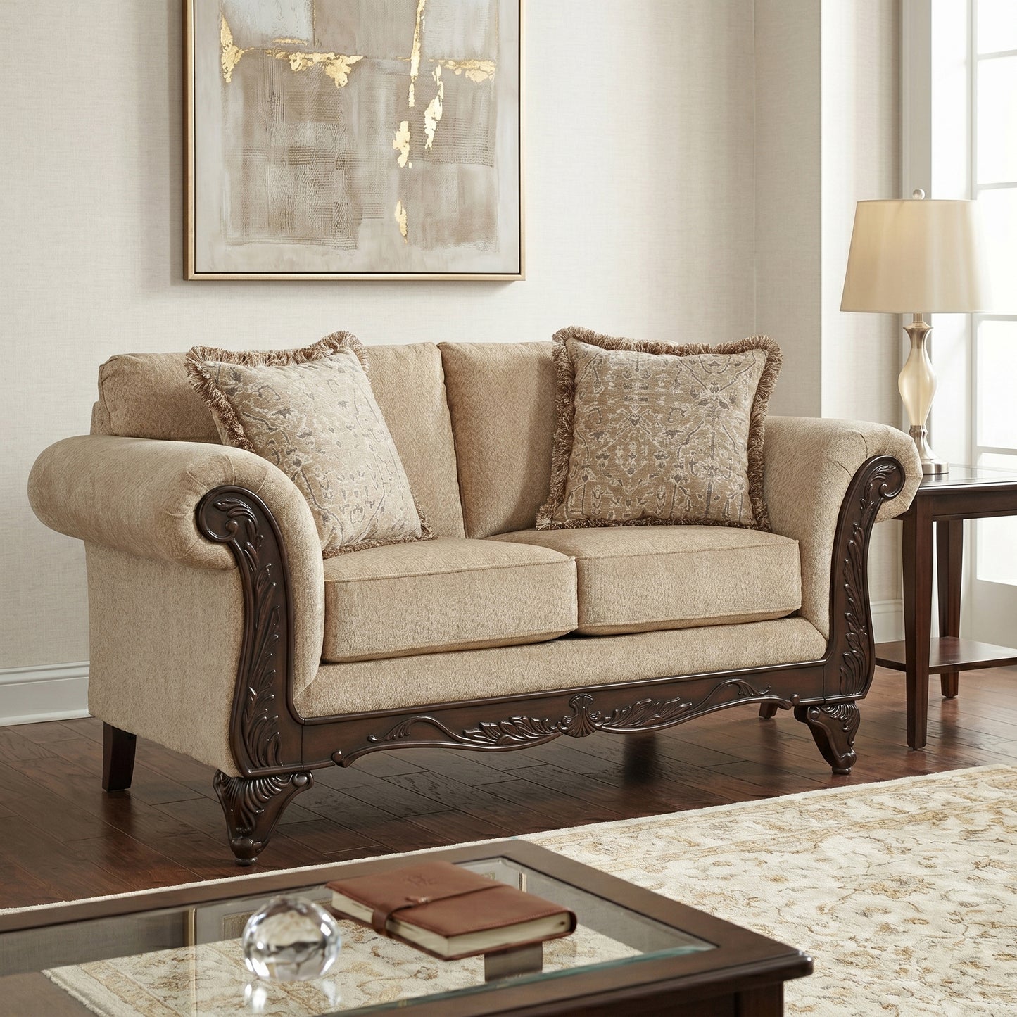 Hernen Carved Wood Frame Loveseat