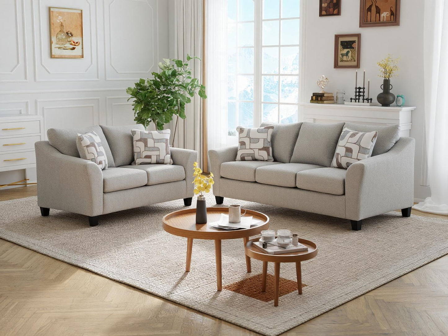 Roundhill Furniture Elaris Living Room Collection Flared Arm Sofa and Loveseat with Chenille Upholstery, Taupe