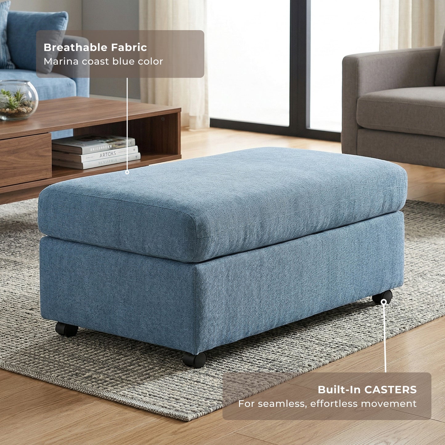 Roundhill Furniture Wilson Contemporary Upholstered Cocktail Ottoman with Casters