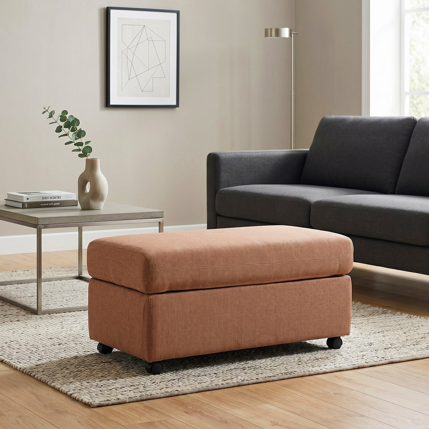 Roundhill Furniture Wilson Contemporary Upholstered Cocktail Ottoman with Casters