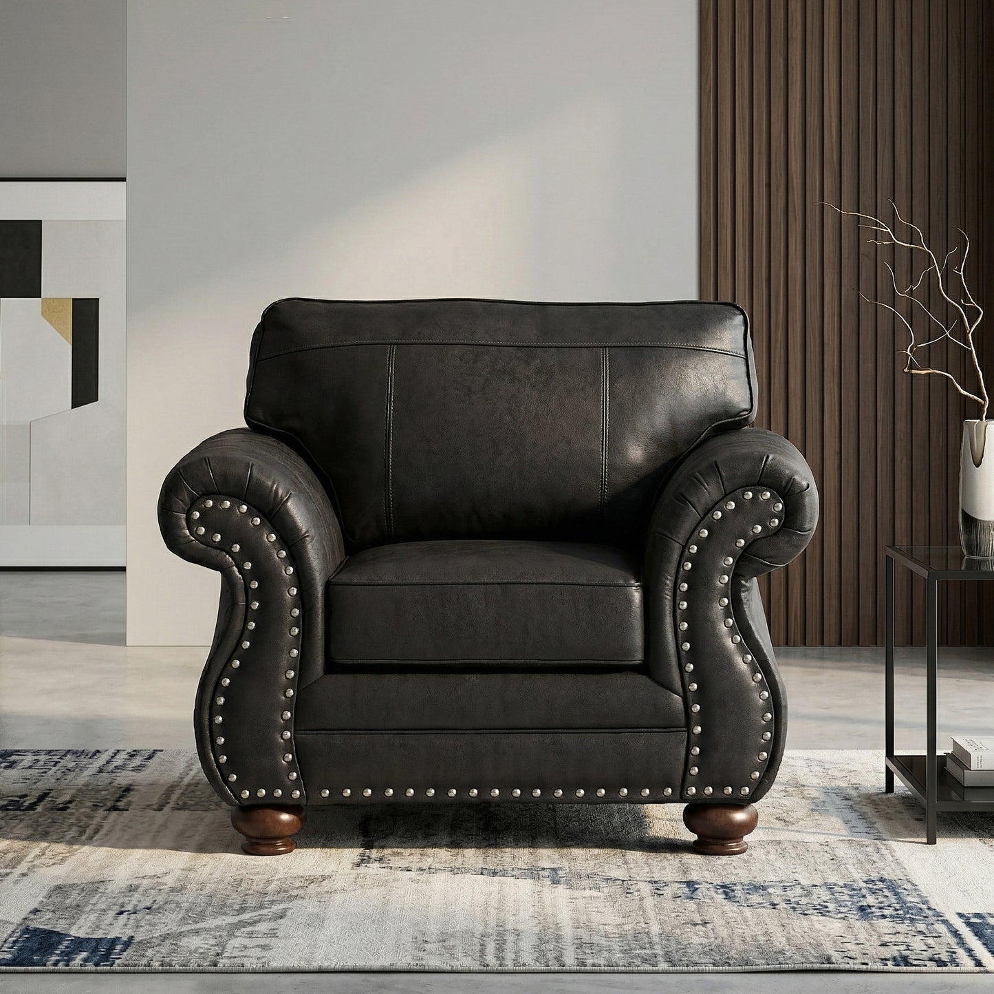 Roundhill Furniture Leinster Faux Leather Upholstered Nailhead Chair, Black