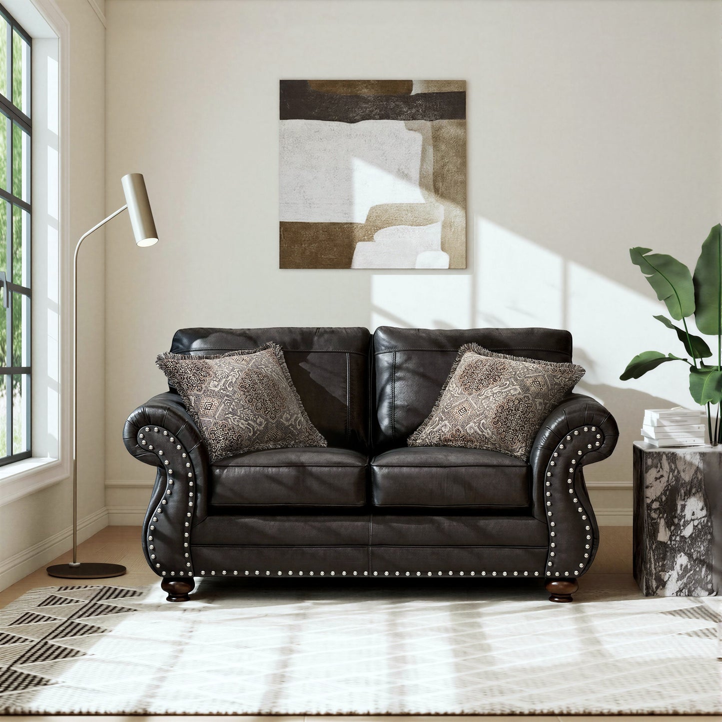 Roundhill Furniture Leinster Faux Leather Upholstered Nailhead Loveseat, Black