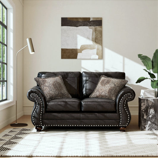 Roundhill Furniture Leinster Faux Leather Upholstered Nailhead Loveseat, Black
