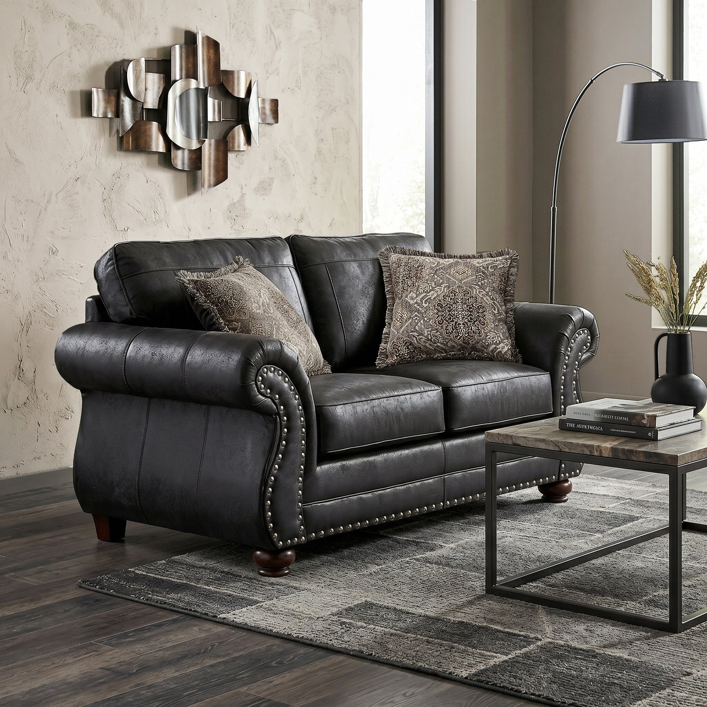 Roundhill Furniture Leinster Faux Leather Upholstered Nailhead Loveseat, Black