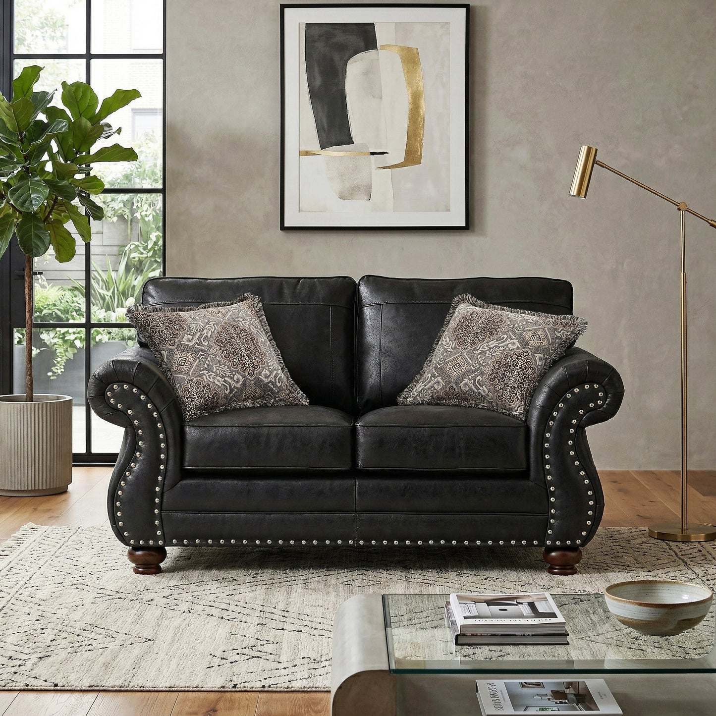 Roundhill Furniture Leinster Faux Leather Upholstered Nailhead Loveseat, Black
