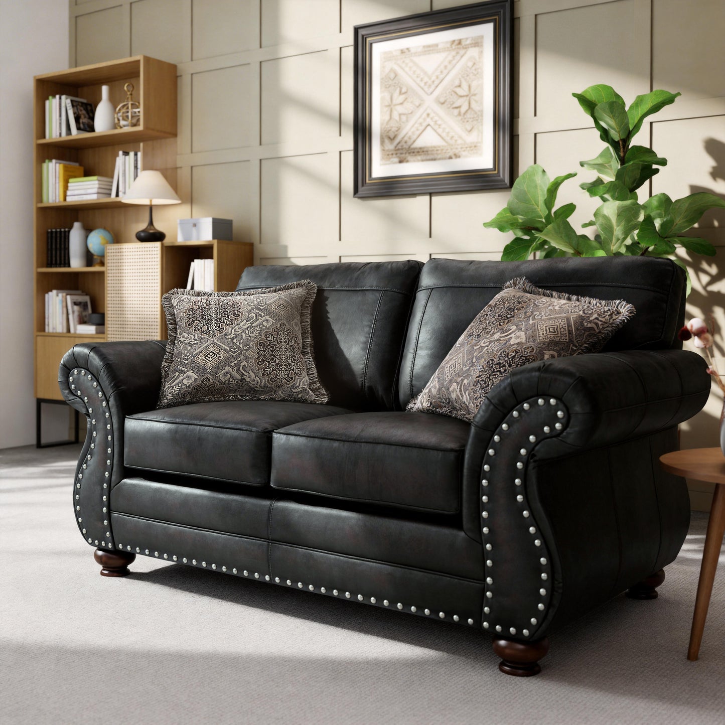 Roundhill Furniture Leinster Faux Leather Upholstered Nailhead Loveseat, Black