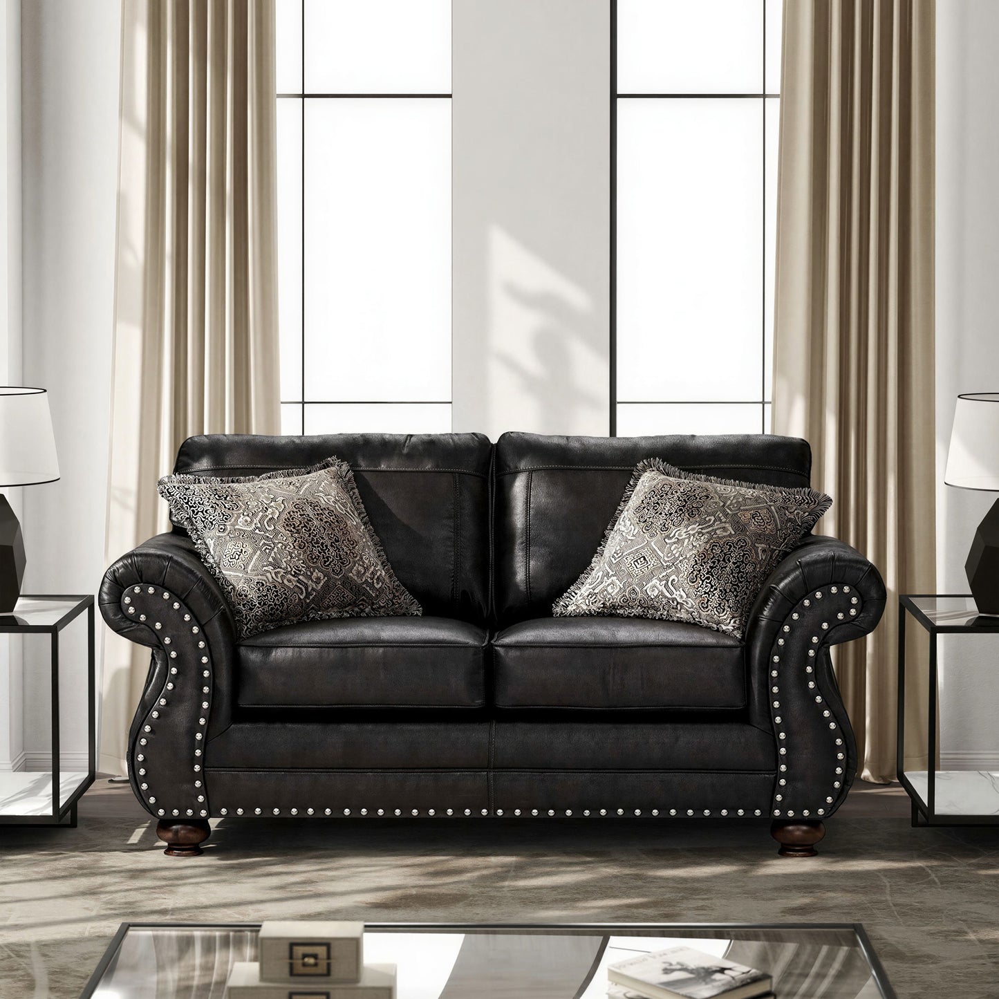 Roundhill Furniture Leinster Faux Leather Upholstered Nailhead Loveseat, Black