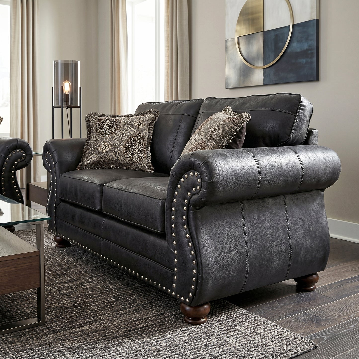 Roundhill Furniture Leinster Faux Leather Upholstered Nailhead Loveseat, Black