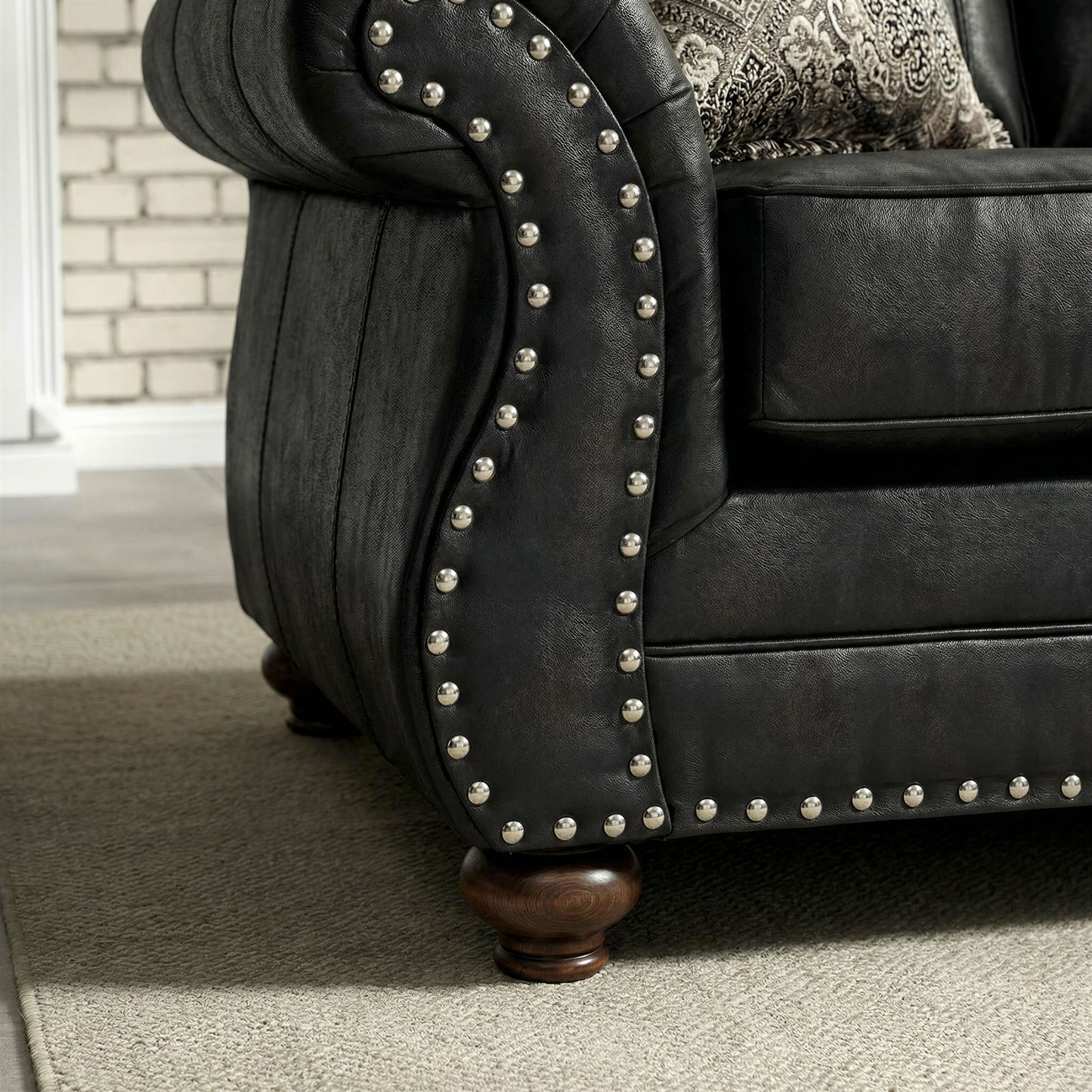 Roundhill Furniture Leinster Faux Leather Upholstered Nailhead Loveseat, Black