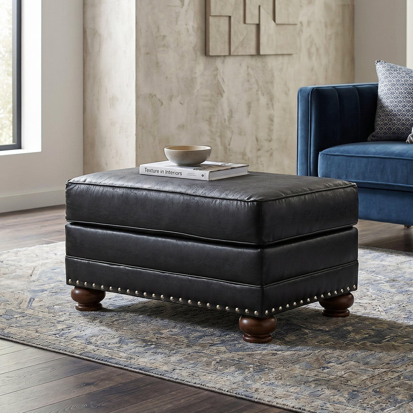 Roundhill Furniture Leinster Faux Leather Upholstered Nailhead Cocktail Ottoman, Black