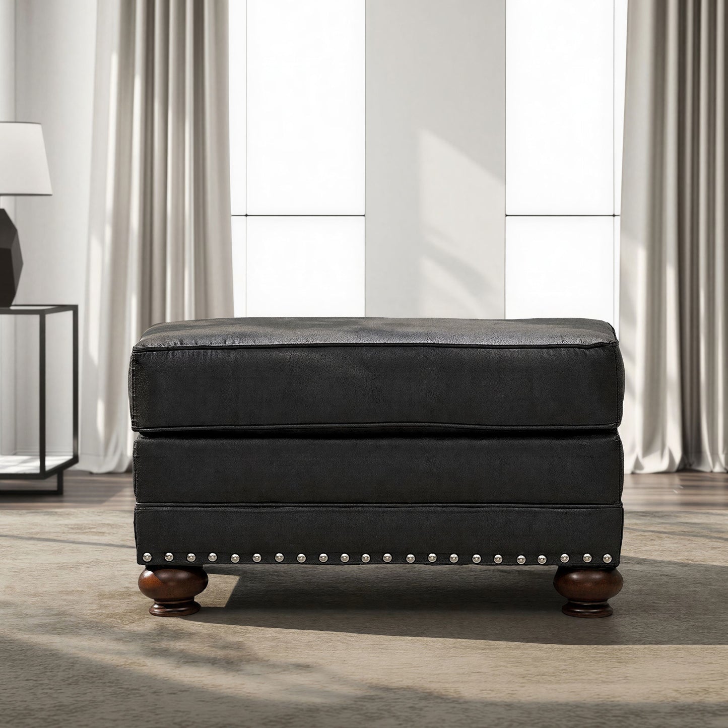 Roundhill Furniture Leinster Faux Leather Upholstered Nailhead Cocktail Ottoman, Black