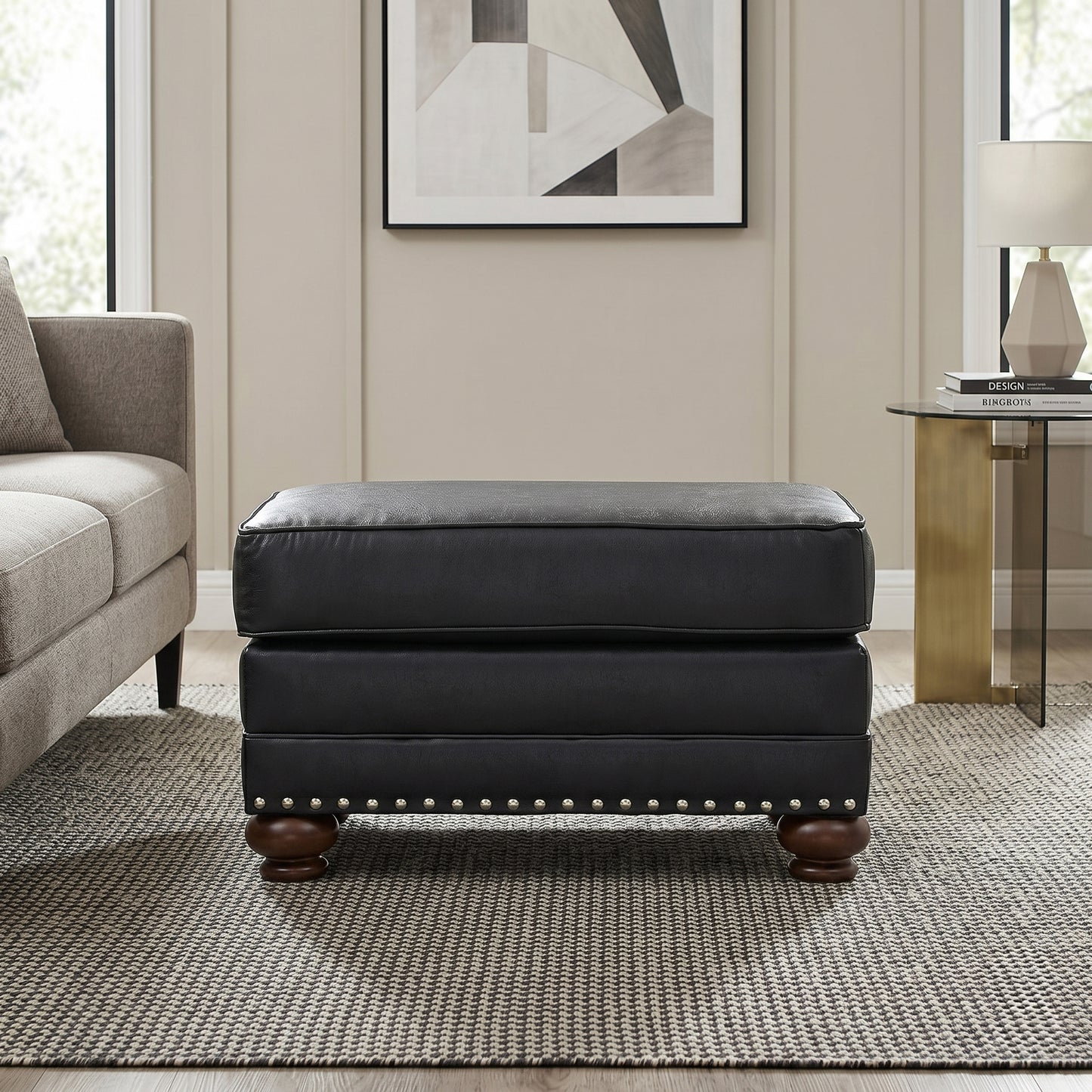 Roundhill Furniture Leinster Faux Leather Upholstered Nailhead Cocktail Ottoman, Black