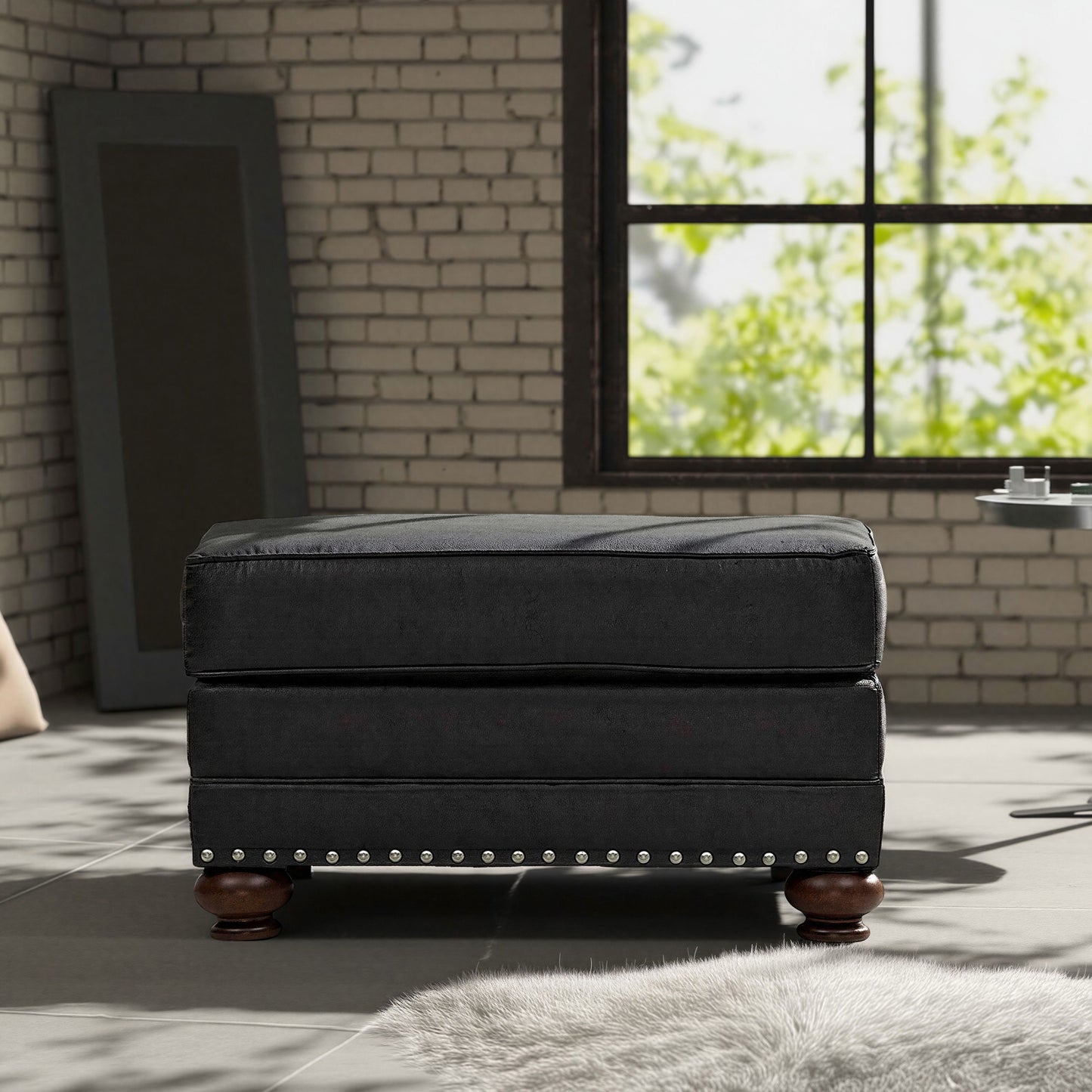 Roundhill Furniture Leinster Faux Leather Upholstered Nailhead Cocktail Ottoman, Black