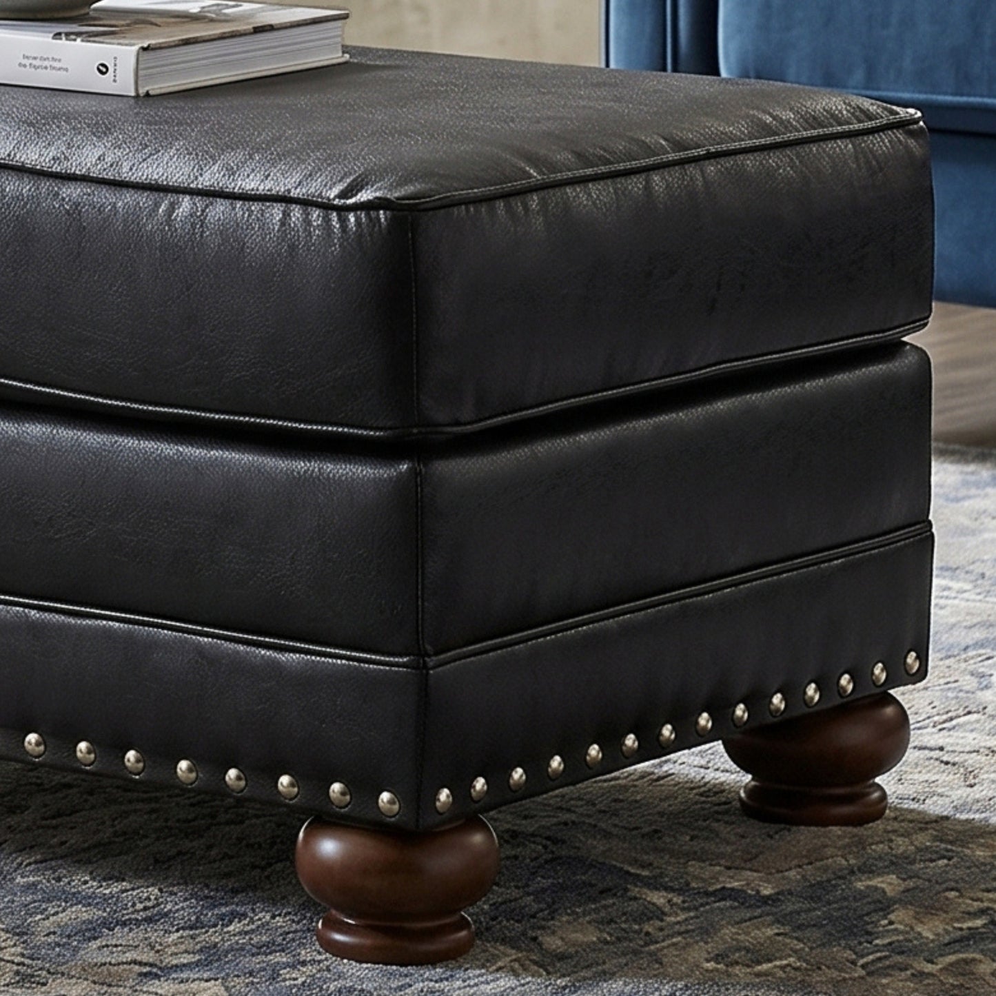 Roundhill Furniture Leinster Faux Leather Upholstered Nailhead Cocktail Ottoman, Black