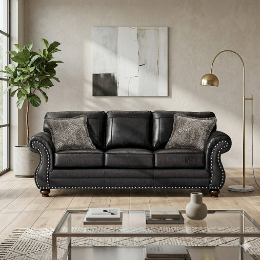 Roundhill Furniture Leinster Faux Leather Upholstered Nailhead Sofa, Black