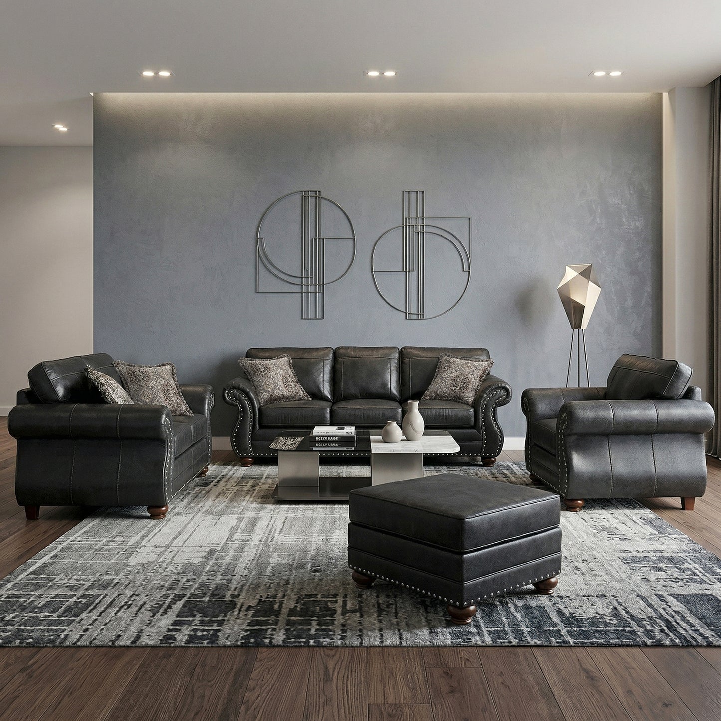 Roundhill Furniture Leinster Living Room Collection, Sofa Loveseat Chair and Ottoman in Black