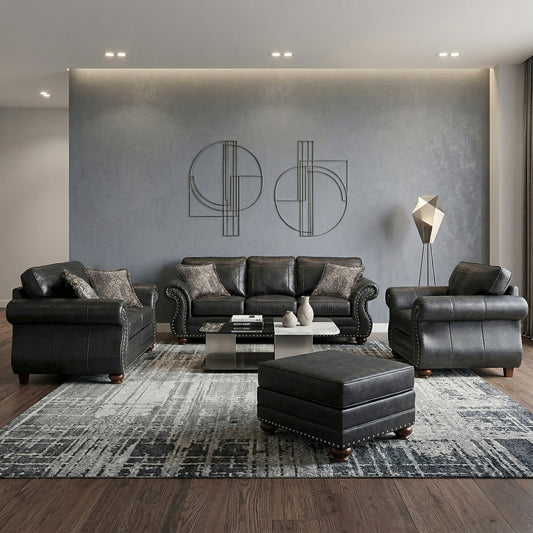 Roundhill Furniture Leinster Living Room Collection, Sofa Loveseat Chair and Ottoman in Black