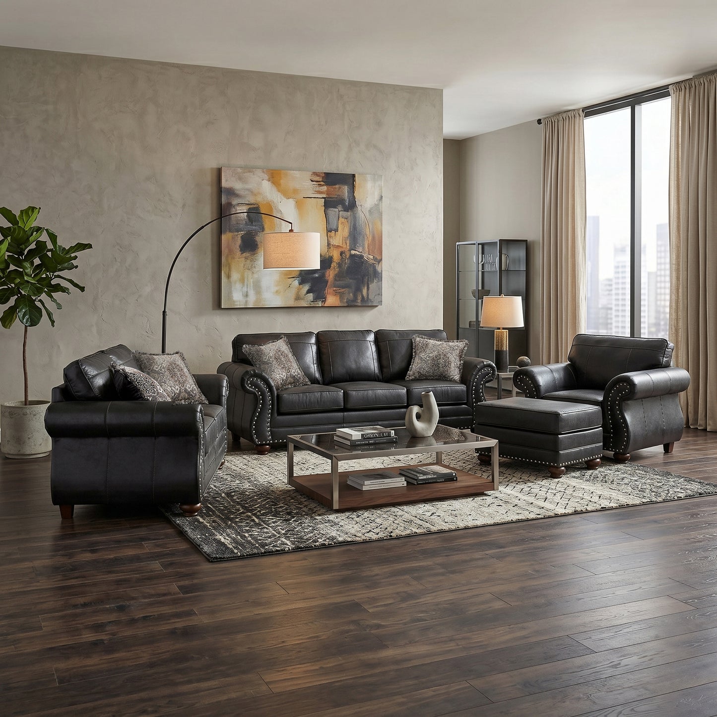 Roundhill Furniture Leinster Living Room Collection, Sofa Loveseat Chair and Ottoman in Black