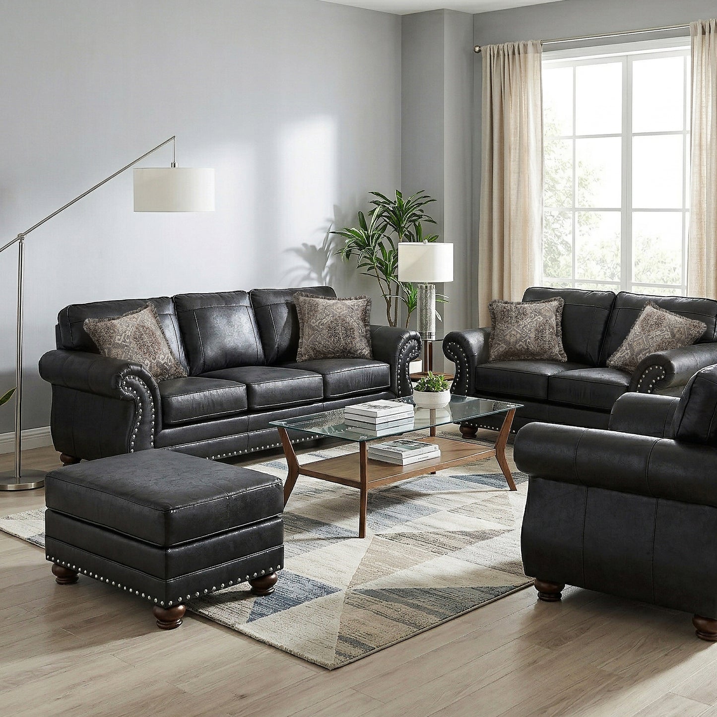Roundhill Furniture Leinster Living Room Collection, Sofa Loveseat Chair and Ottoman in Black