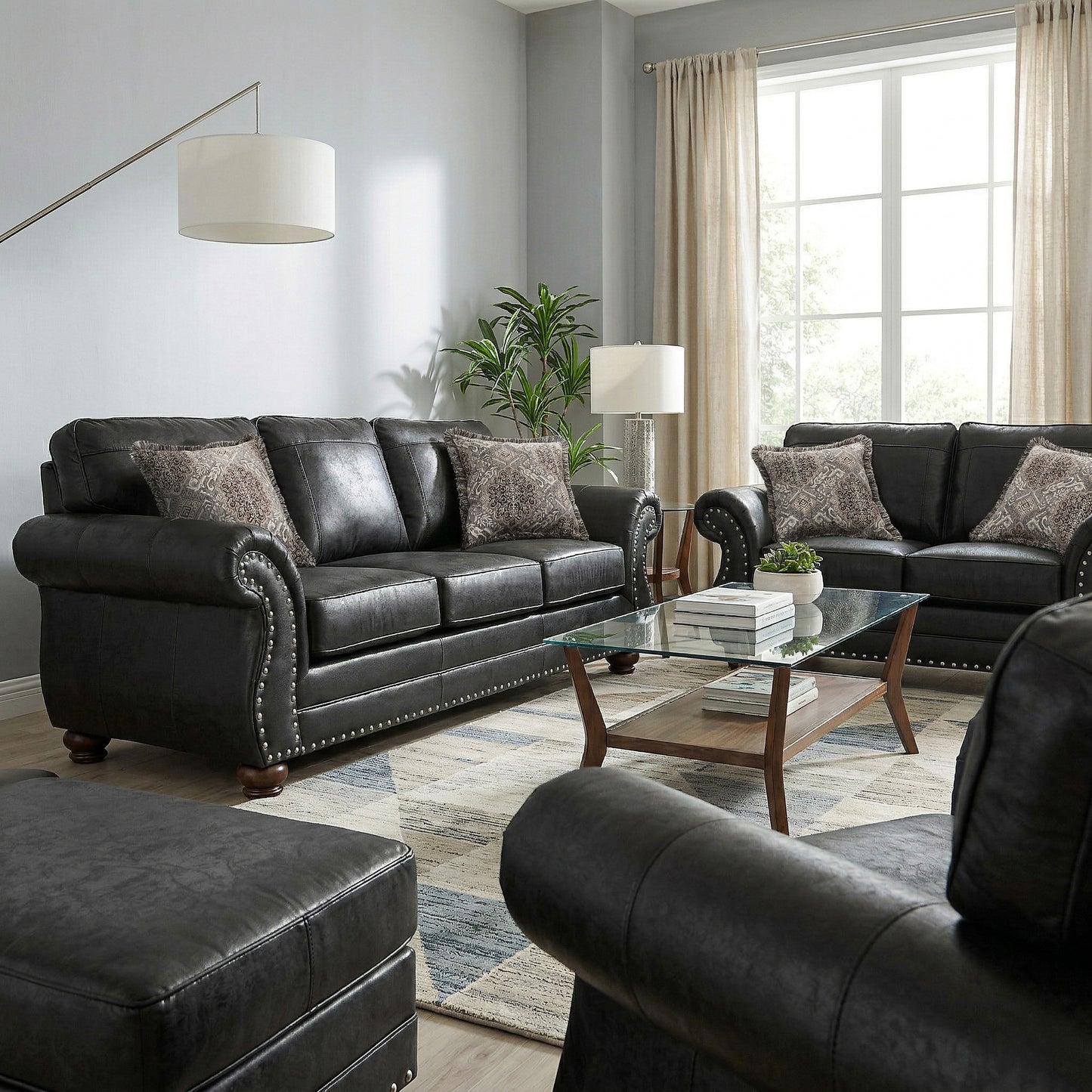 Roundhill Furniture Leinster Living Room Collection, Sofa Loveseat Chair and Ottoman in Black