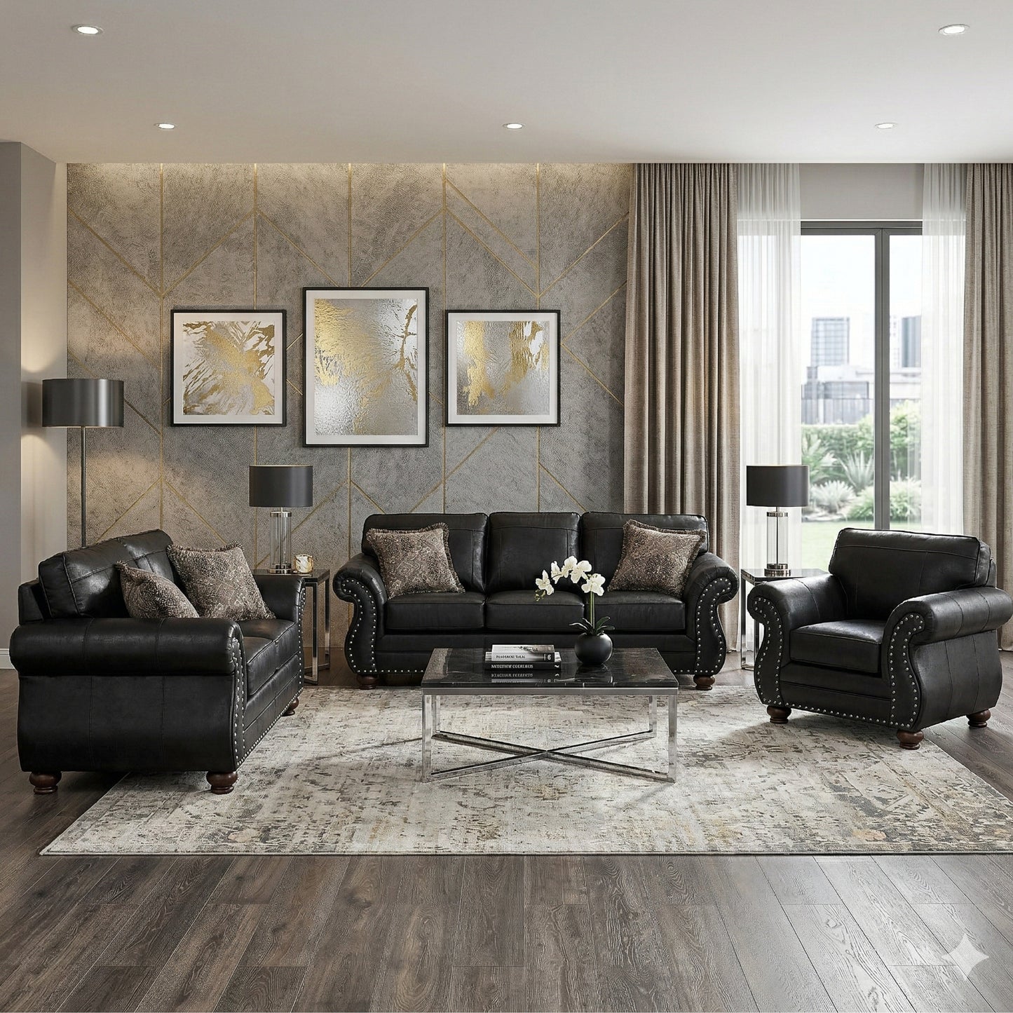 Roundhill Furniture Leinster Living Room Collection, Sofa Loveseat Chair and Ottoman in Black