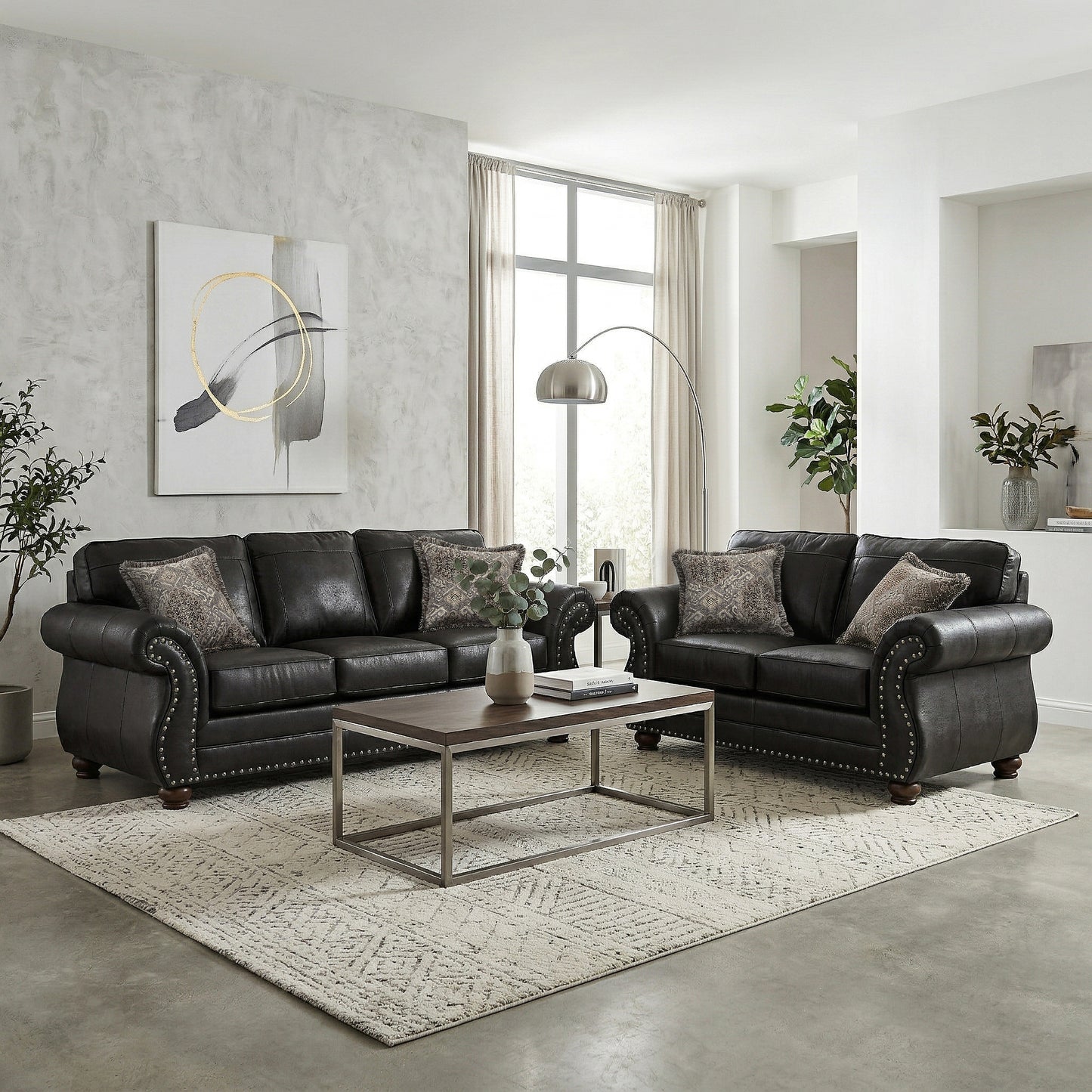 Roundhill Furniture Leinster Living Room Collection, Sofa Loveseat Chair and Ottoman in Black