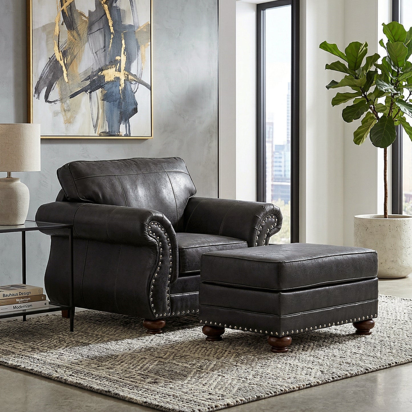 Roundhill Furniture Leinster Living Room Collection, Sofa Loveseat Chair and Ottoman in Black