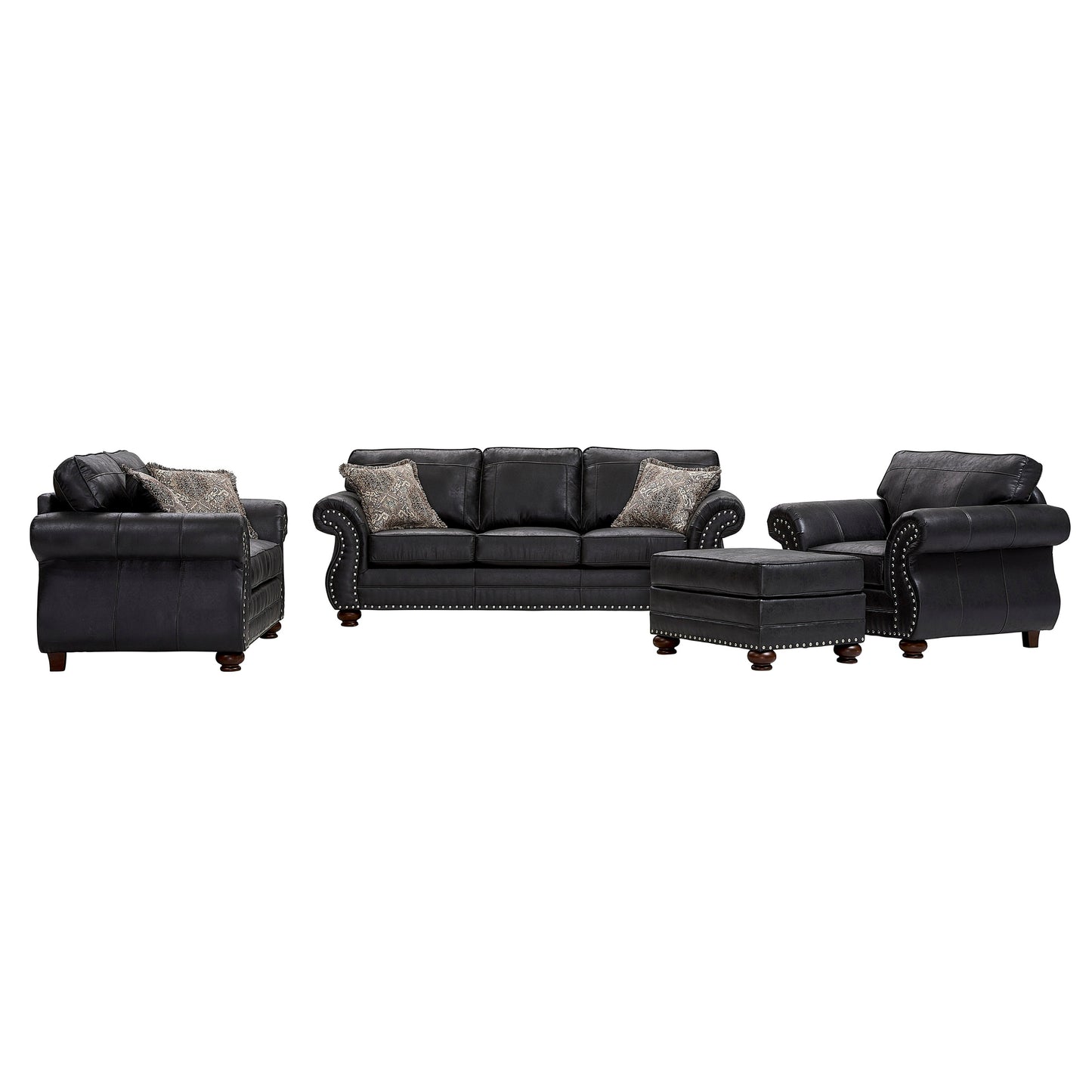 Roundhill Furniture Leinster Living Room Collection, Sofa Loveseat Chair and Ottoman in Black