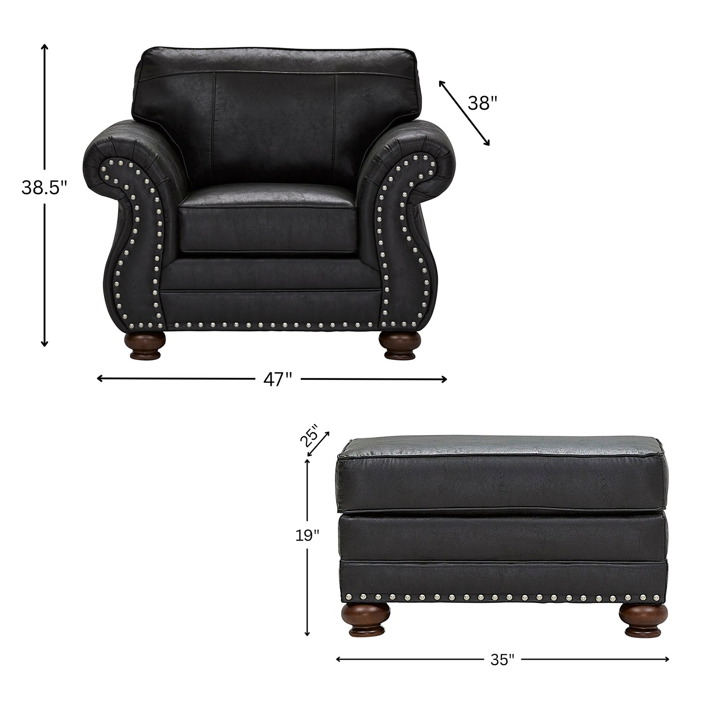 Roundhill Furniture Leinster Living Room Collection, Sofa Loveseat Chair and Ottoman in Black