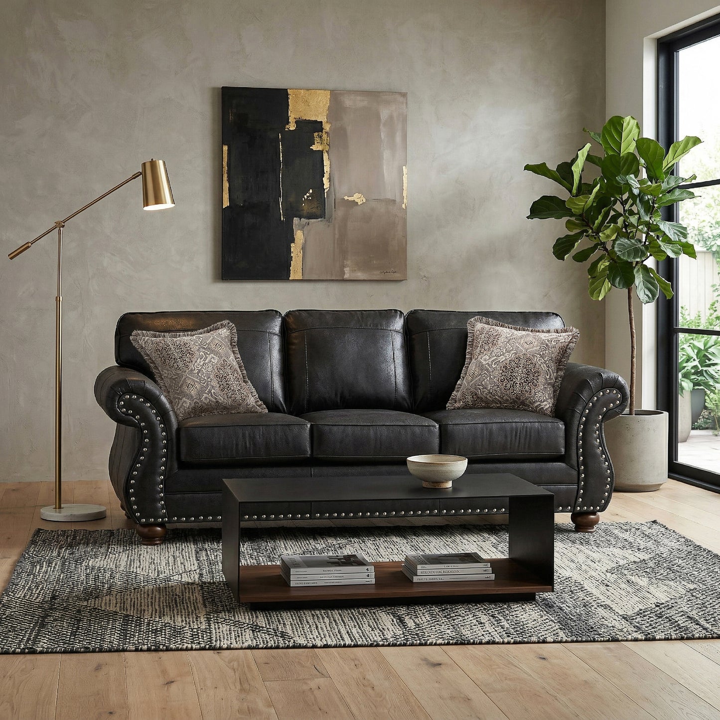 Roundhill Furniture Leinster Faux Leather Upholstered Nailhead Sofa, Black