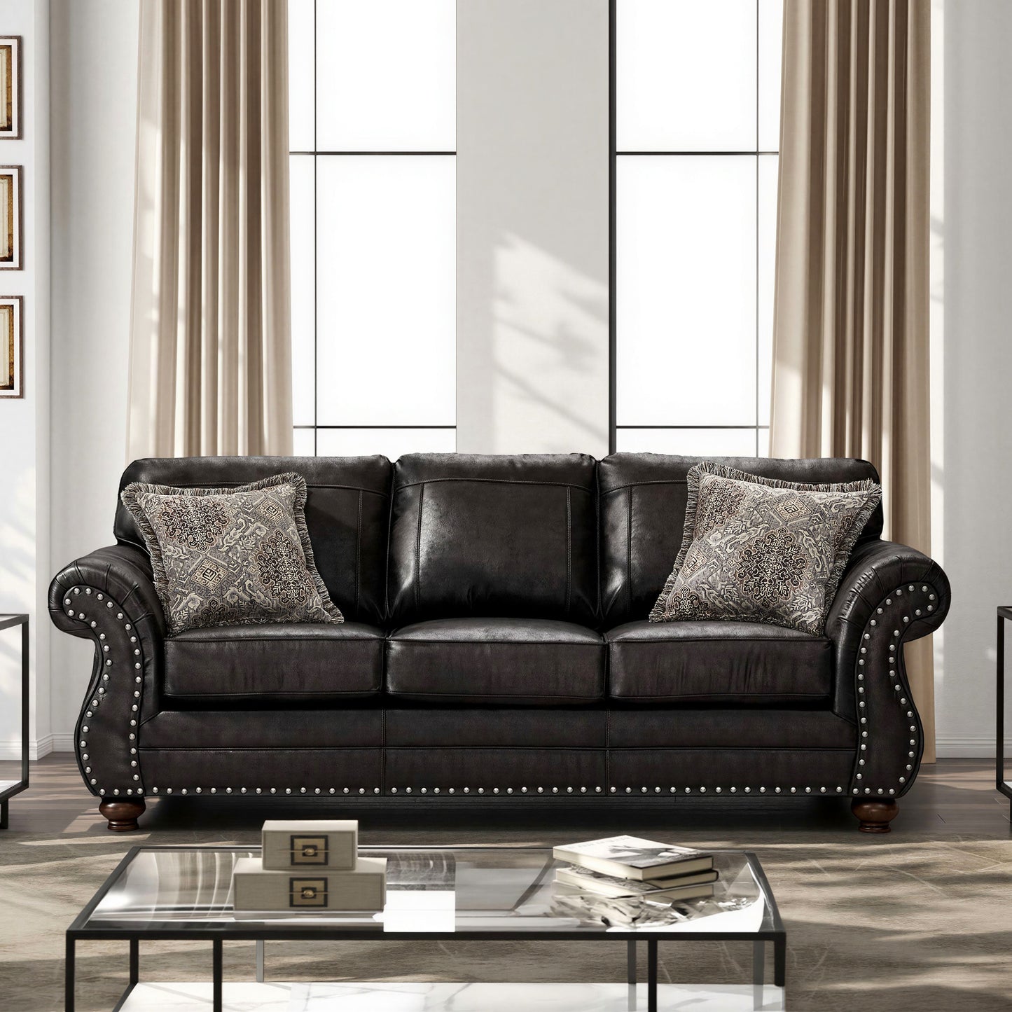 Roundhill Furniture Leinster Faux Leather Upholstered Nailhead Sofa, Black