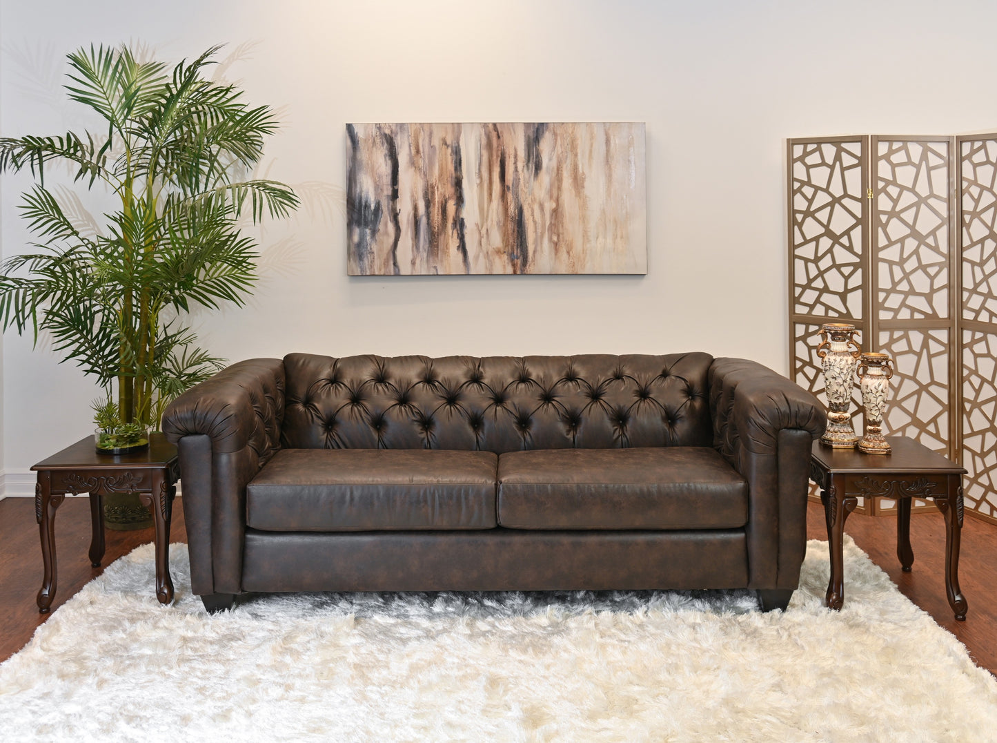 Horton Faux Leather Chesterfield Living Room Collection, Brownie