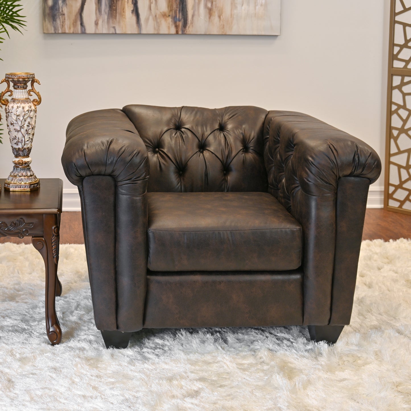 Horton Faux Leather Chesterfield Living Room Collection, Brownie