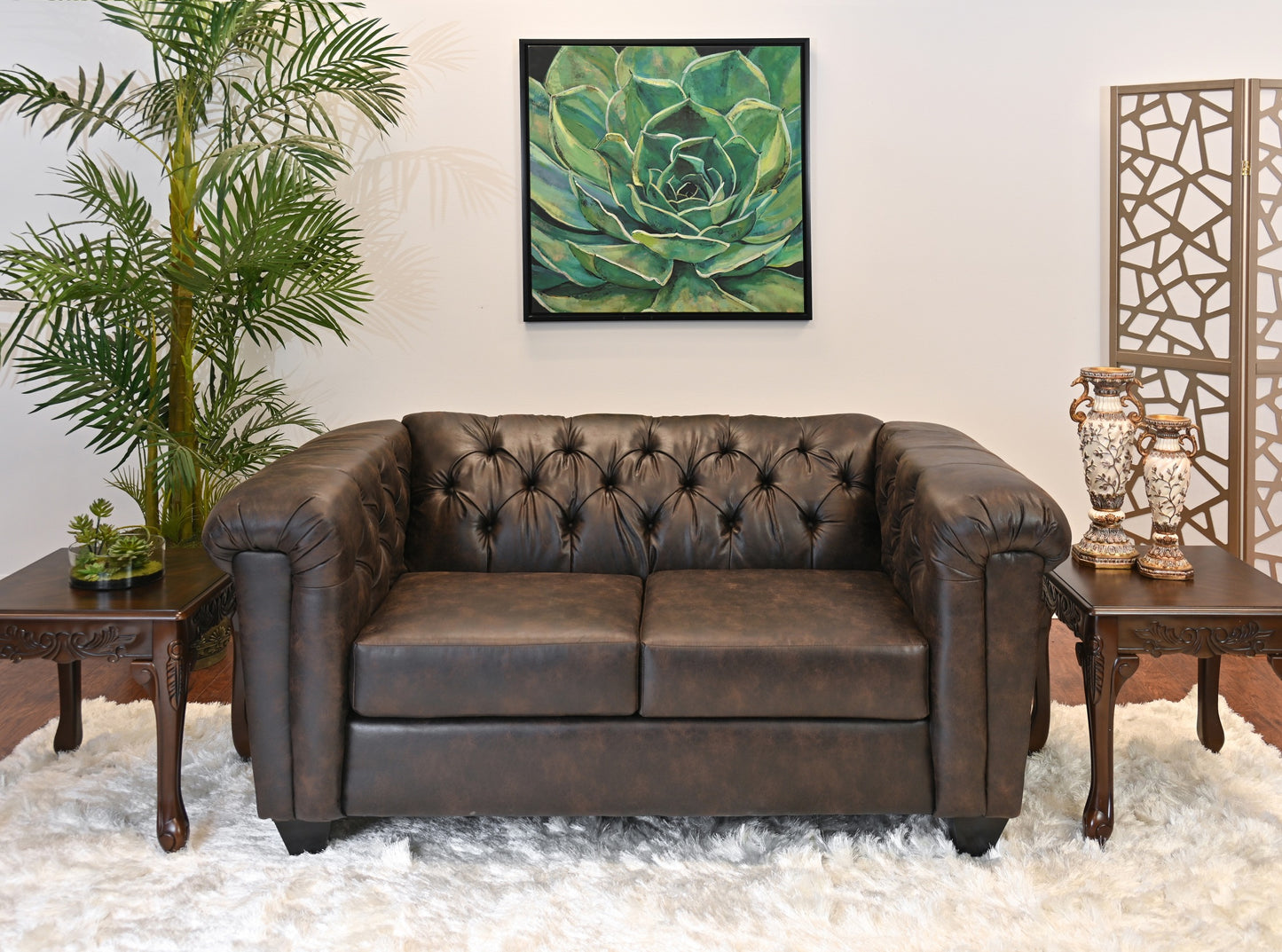 Horton Faux Leather Chesterfield Living Room Collection, Brownie