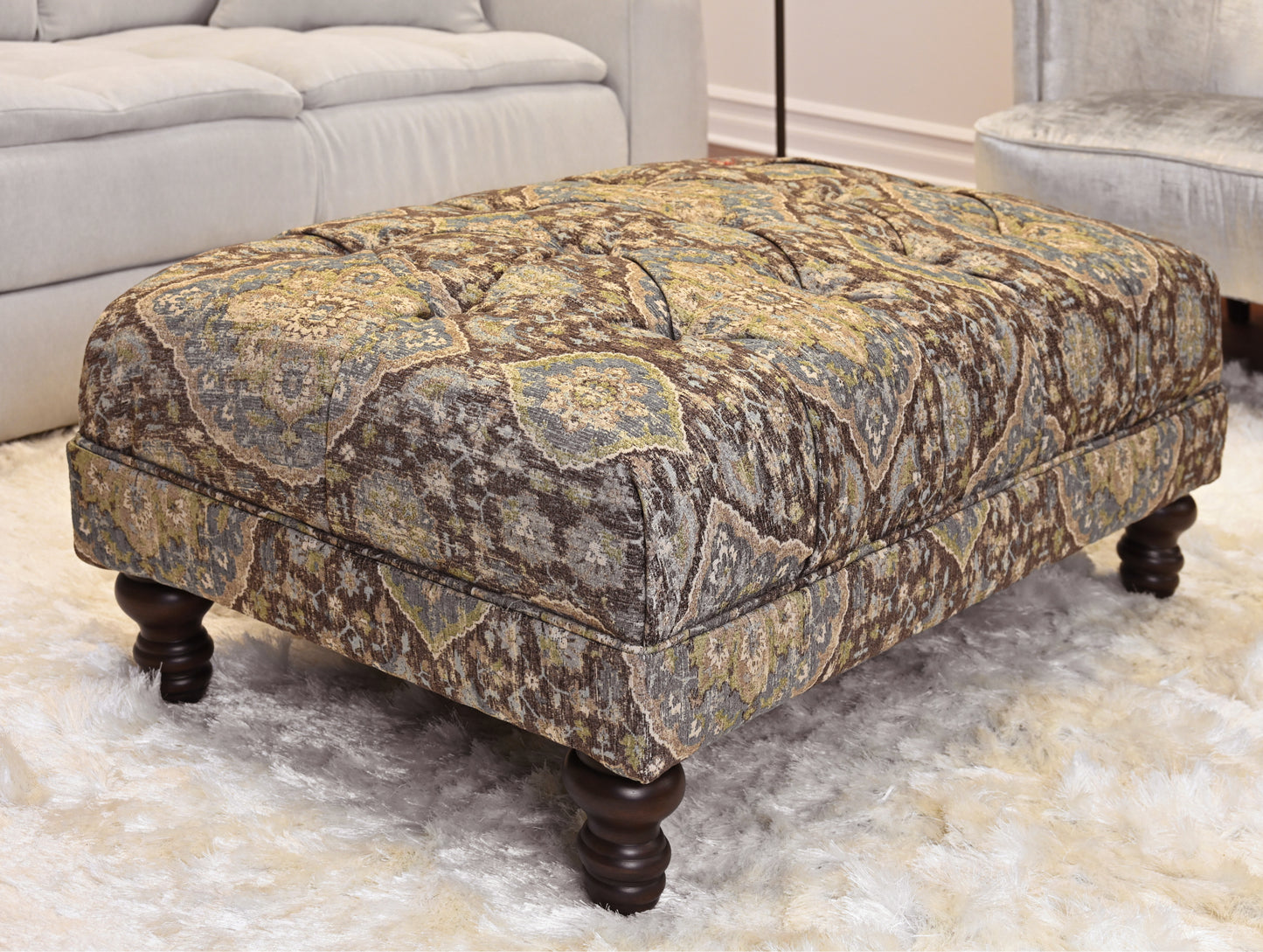 Roundhill Furniture Charbilia Fabric Tufted Cocktail Ottoman in Tapestry Ocean Cliff