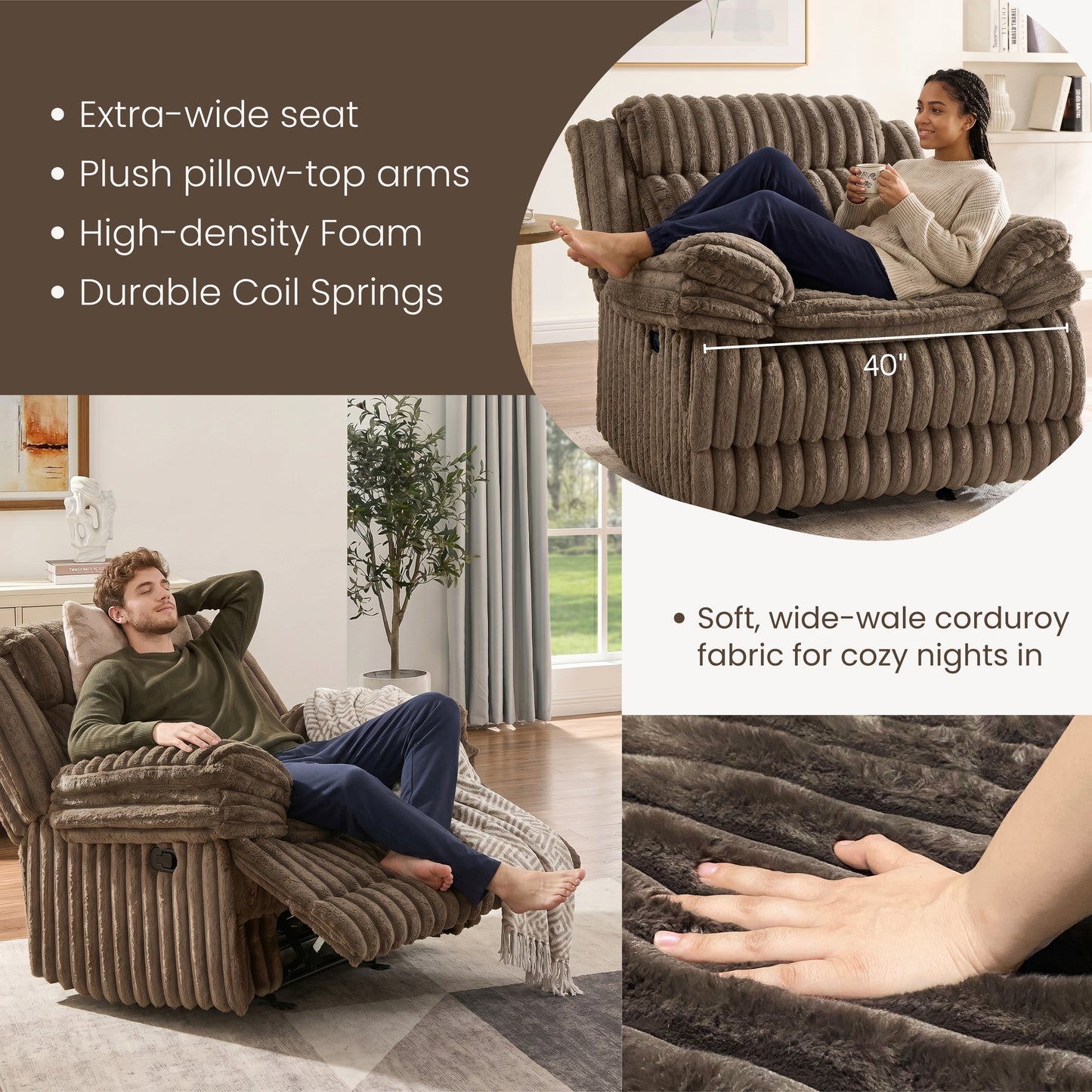 Roundhill Furniture Ardello Manual Rocker Recliner with Wide-Wale Corduroy Upholstery