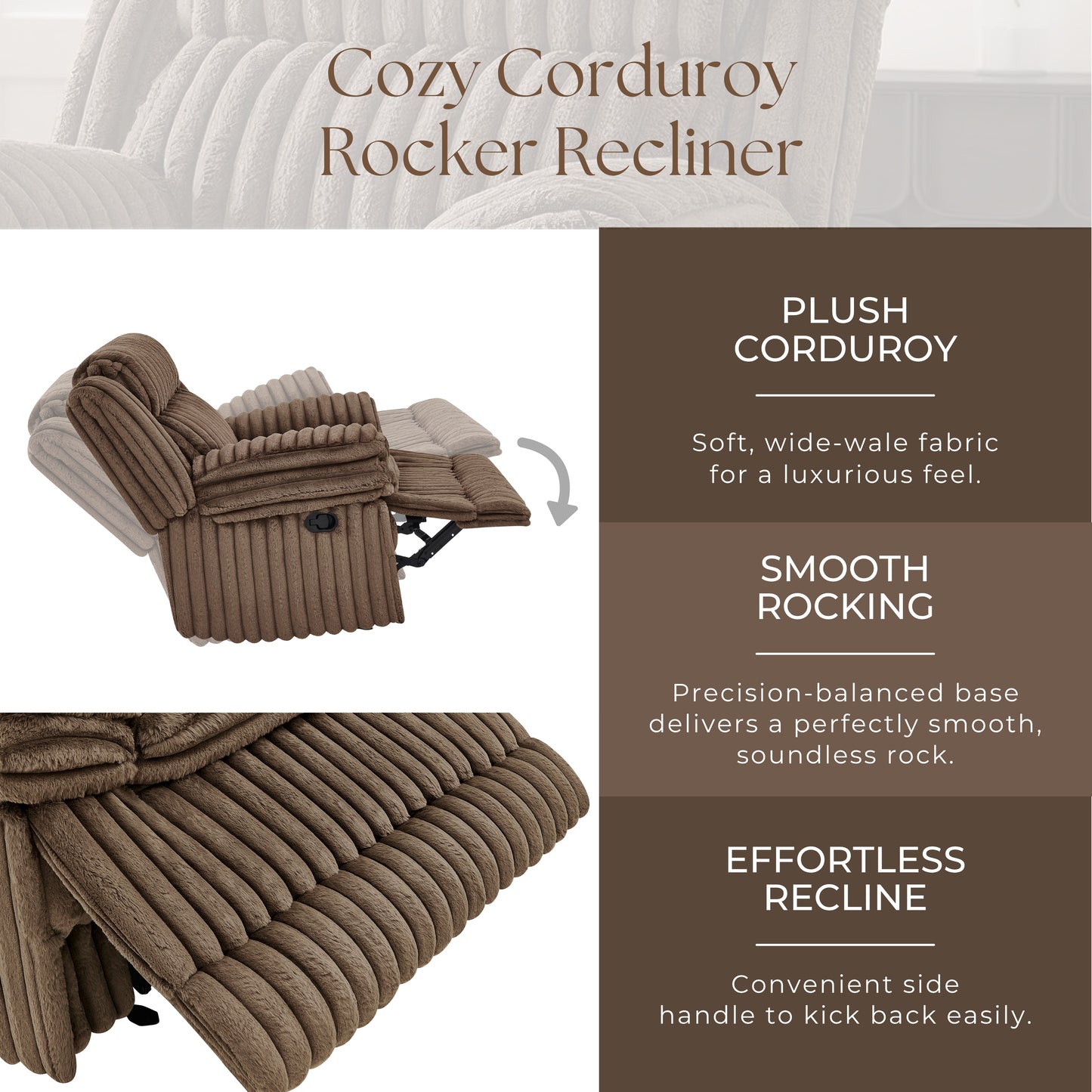 Roundhill Furniture Ardello Manual Rocker Recliner with Wide-Wale Corduroy Upholstery