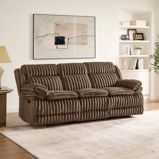 Roundhill Furniture Ardello Manual Reclining Sofa with Wide-Wale Corduroy Upholstery and Built-In Power Center, Chocolate