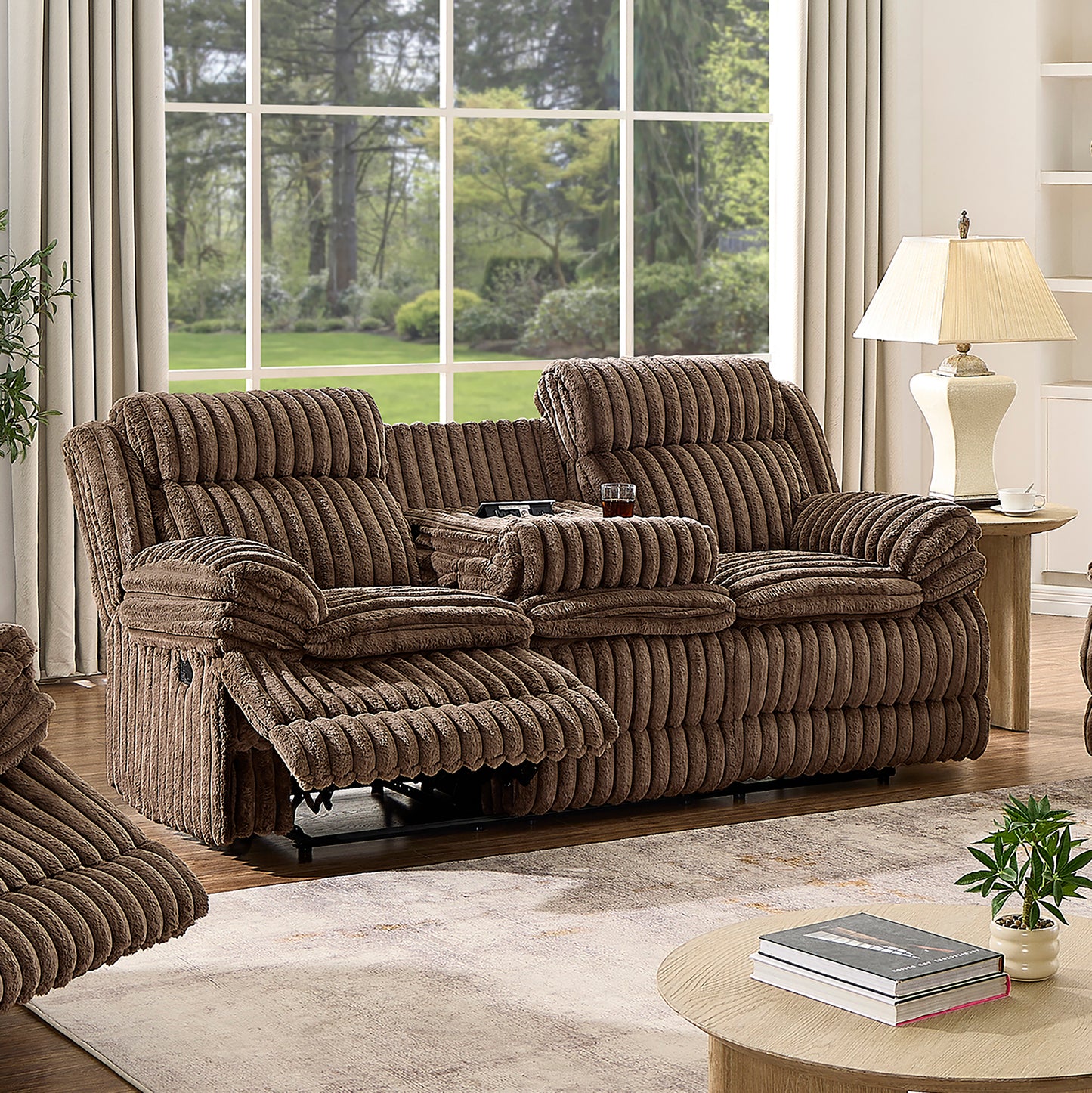 Roundhill Furniture Ardello Manual Reclining Sofa with Wide-Wale Corduroy Upholstery and Built-In Power Center, Chocolate