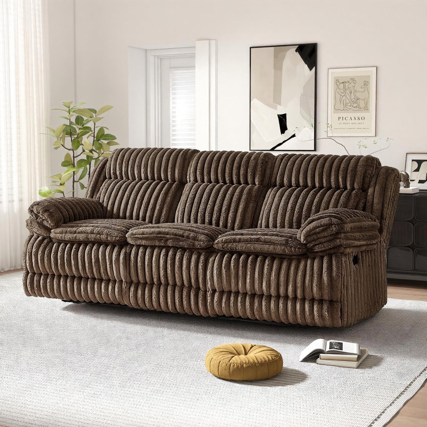 Roundhill Furniture Ardello Manual Reclining Sofa with Wide-Wale Corduroy Upholstery and Built-In Power Center, Chocolate