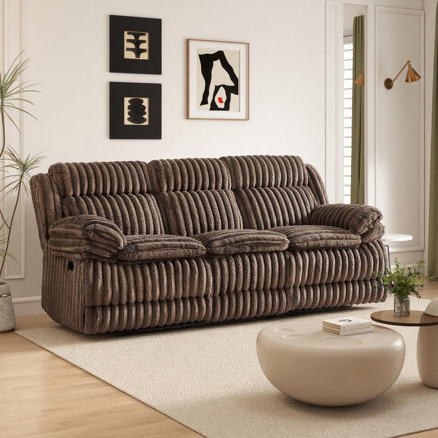Roundhill Furniture Ardello Manual Reclining Sofa with Wide-Wale Corduroy Upholstery and Built-In Power Center, Chocolate
