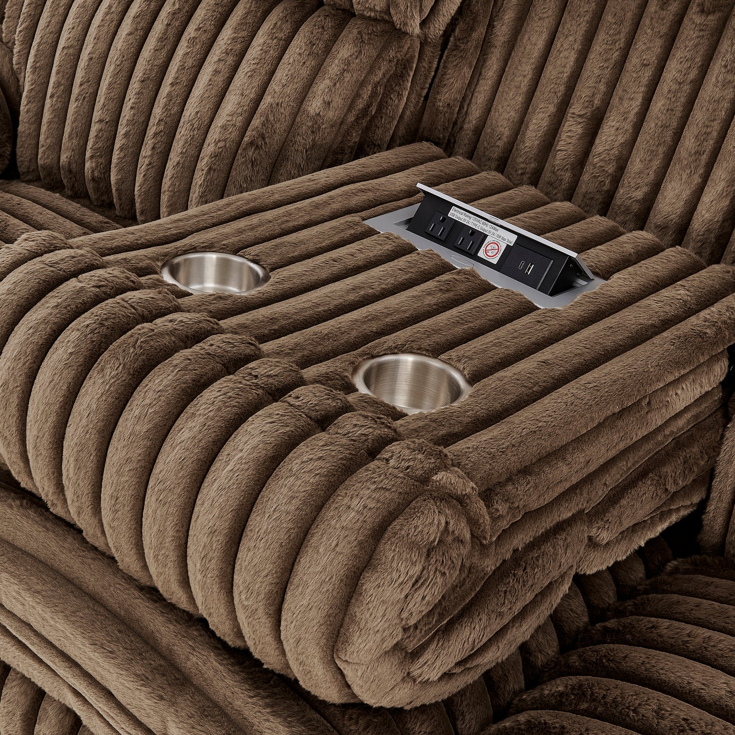 Roundhill Furniture Ardello Manual Reclining Sofa with Wide-Wale Corduroy Upholstery and Built-In Power Center, Chocolate