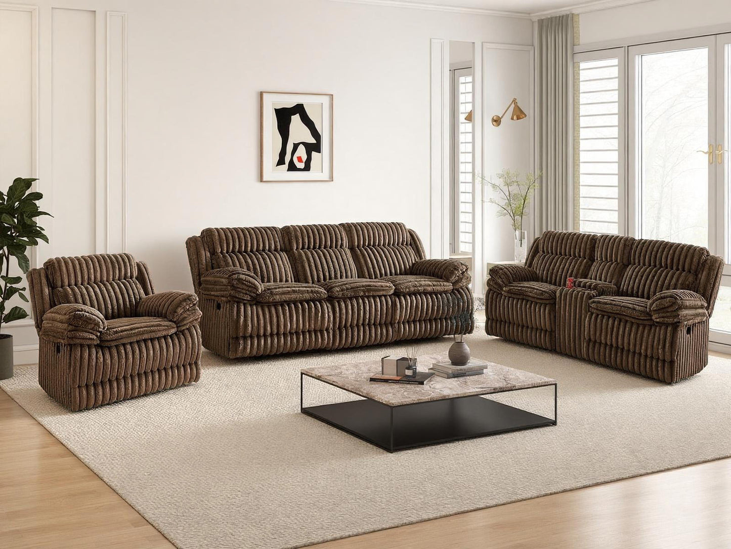 Roundhill Furniture Ardello Reclining Living Room Collection, Corduroy Upholstery, with Built-In Power Center, and Storage Console, Chocolate