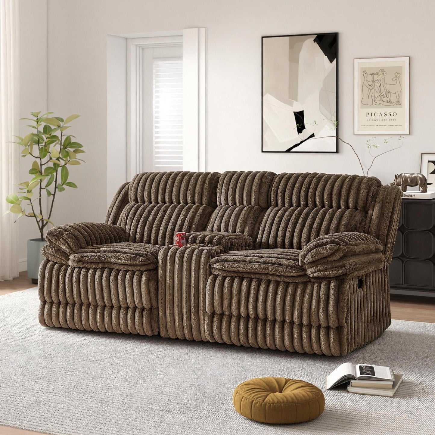 Roundhill Furniture Ardello Reclining Living Room Collection, Corduroy Upholstery, with Built-In Power Center, and Storage Console, Chocolate